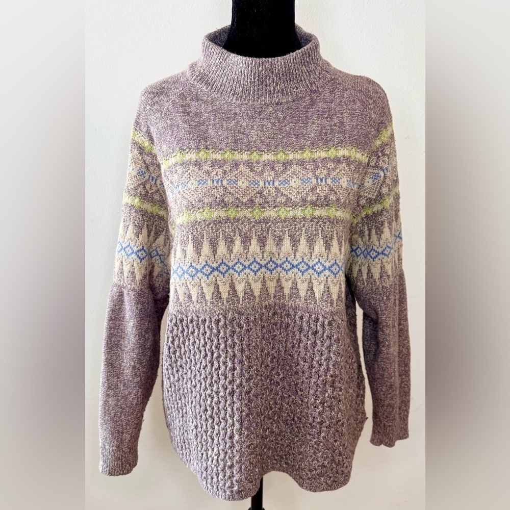Woolrich Fair Isle preppy cozy mock neck winter ski sweater Cotton Angora Large